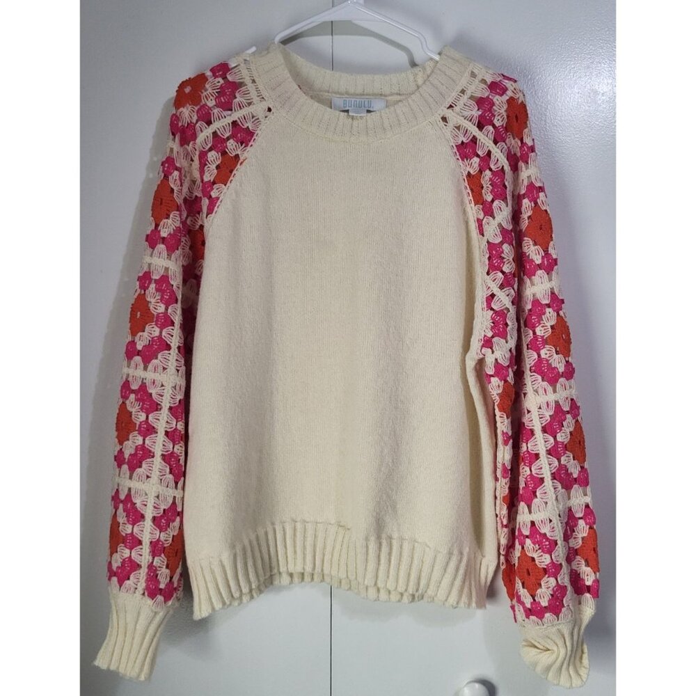 BUNULU Women's XL Rose Crochet Puff Sleeve Knit Sweater Boho Hippie Cottagecore - Picture 2 of 9